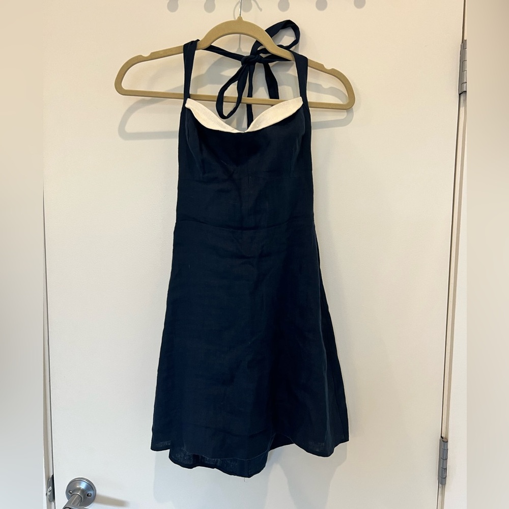 Reformation Navy and White Halter Dress